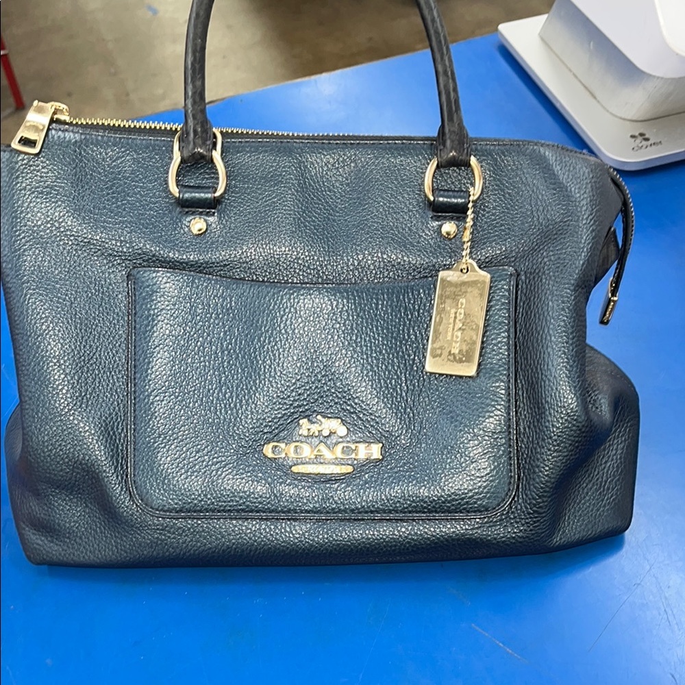 Coach Navy Leather Handbag with Gold Accents